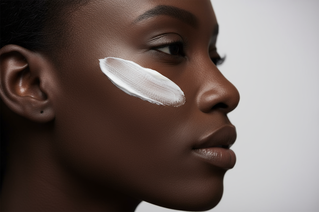 joue de femme noir sans cheveux et sans yeux avec crème visage